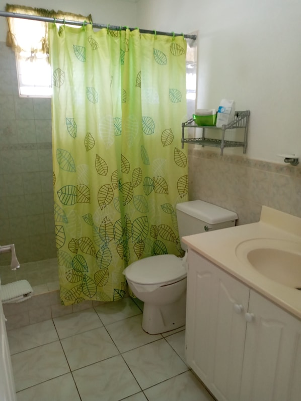 A bathroom with a toilet, sink, and shower curtain with a leaf pattern.