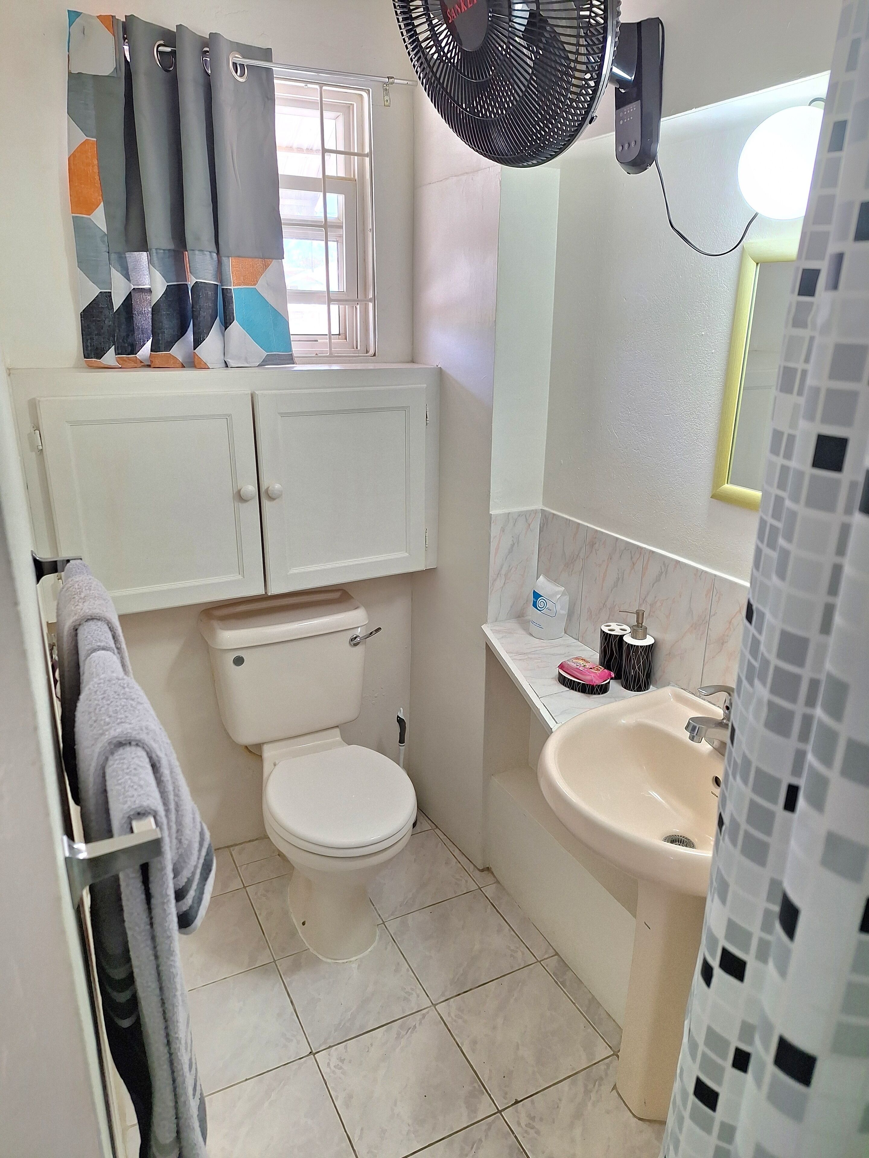 A bathroom with a toilet, sink, and a mirror.