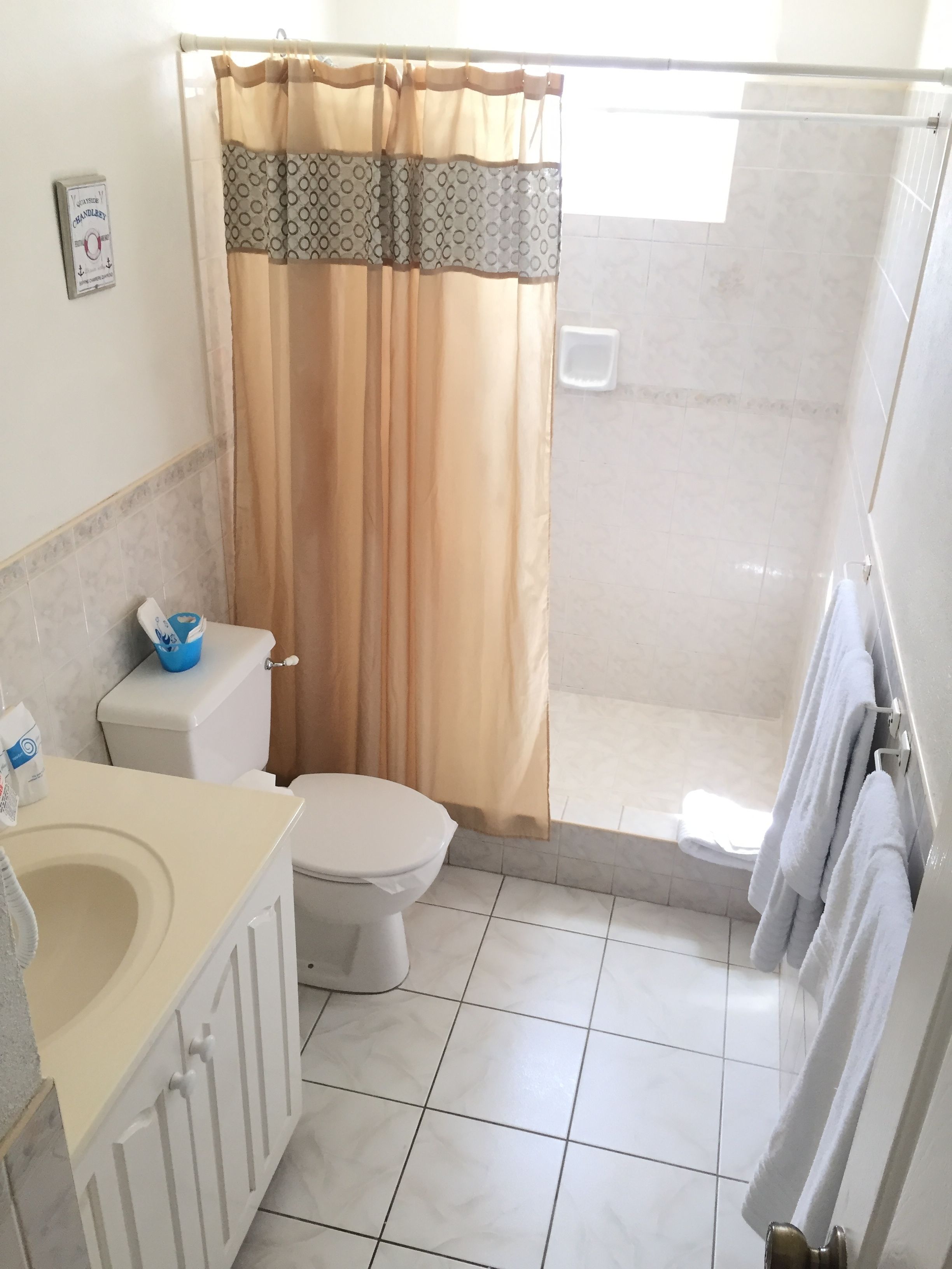 Un baño con inodoro, lavabo y zona de ducha.