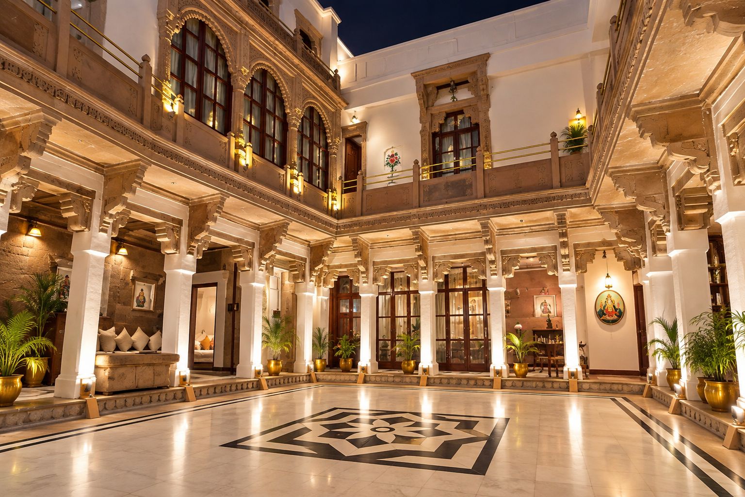 Un amplio patio con un diseño geométrico en el suelo, rodeado de columnas ornamentales y balcones, y decorado con plantas en macetas.