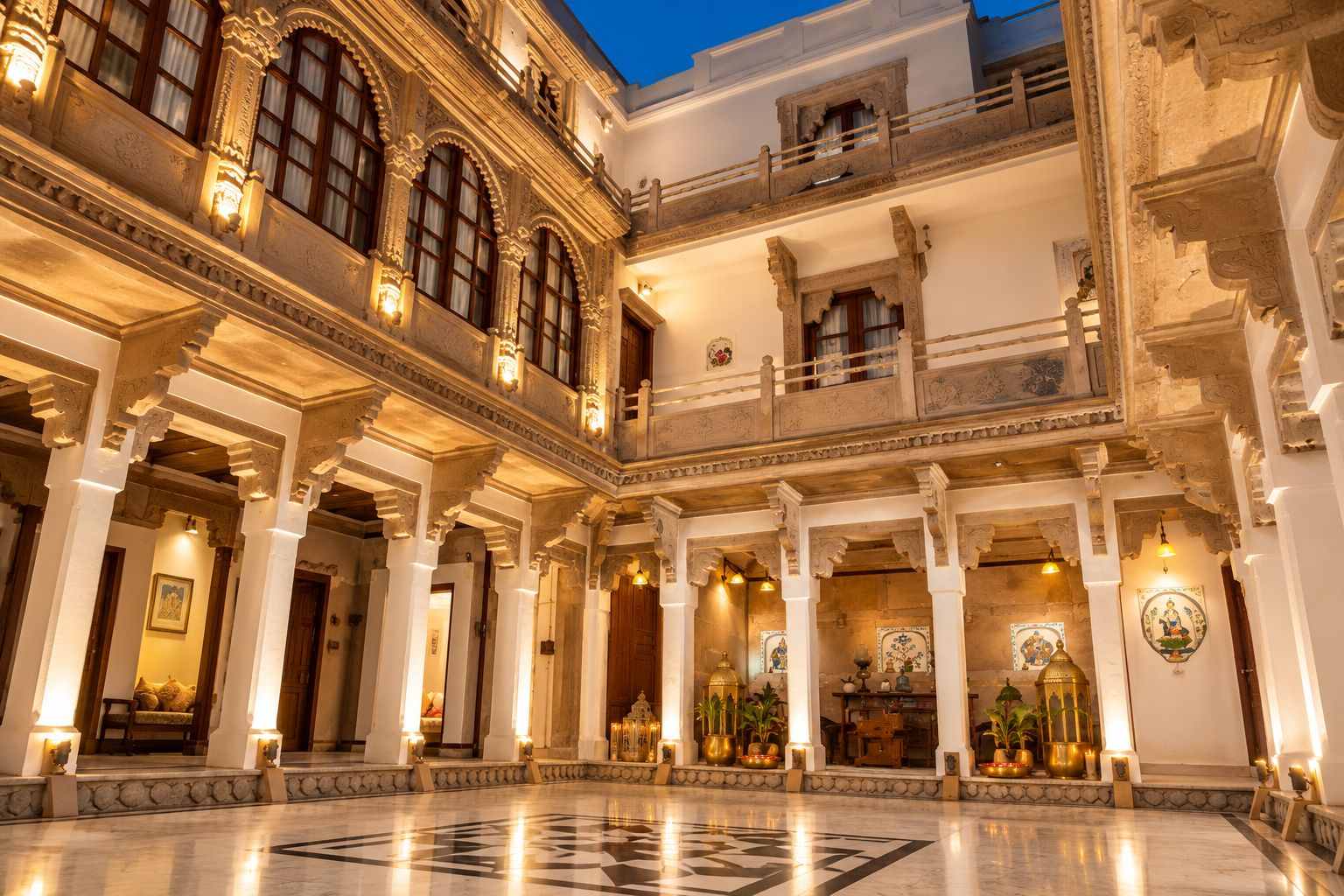 Un amplio patio con una fuente central, columnas ornamentadas y un balcón con vistas al entorno.