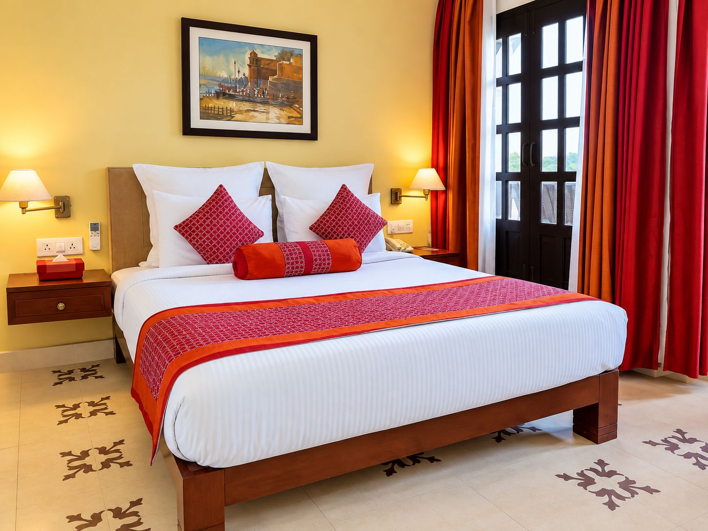 A hotel room with a large bed, two bedside tables, a painting on the wall, and a view through a window with curtains.
