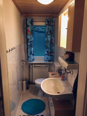 Casa família, 3 quartos, para não fumantes, vista para o jardim | Banheiro | Chuveiro, produtos de toalete grátis, secador de cabelo 