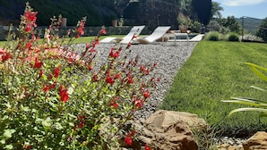 A garden with red flowers, a pool area with lounge chairs, and a stone wall. - Il Burellino Wine & Resort (Montalcino)