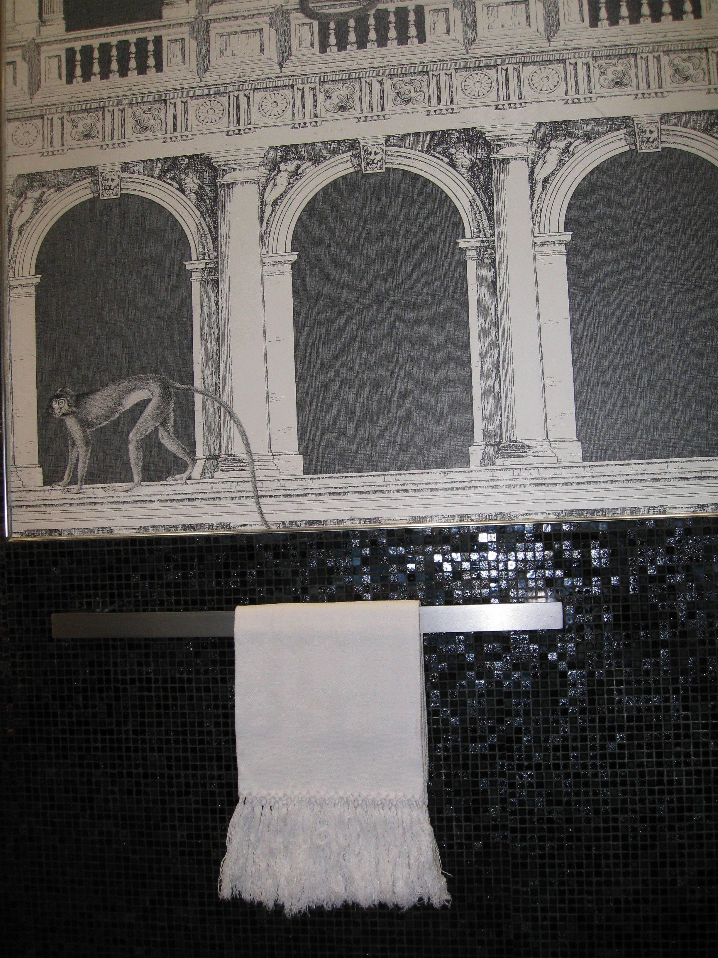A black and white architectural drawing of a classical building facade with three arches and a monkey figure. Below, a white towel hangs on a black mesh surface.