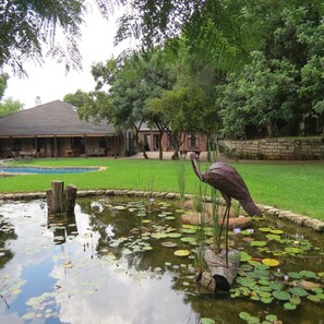 Guests can enjoy a serene atmosphere amidst a tranquil pond with lily pads and a beautiful bird sculpture.