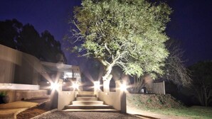 A nighttime outdoor staircase leading to a building, surrounded by trees and gravel. - Curry's Post Bed and Breakfast (Curry's Post)