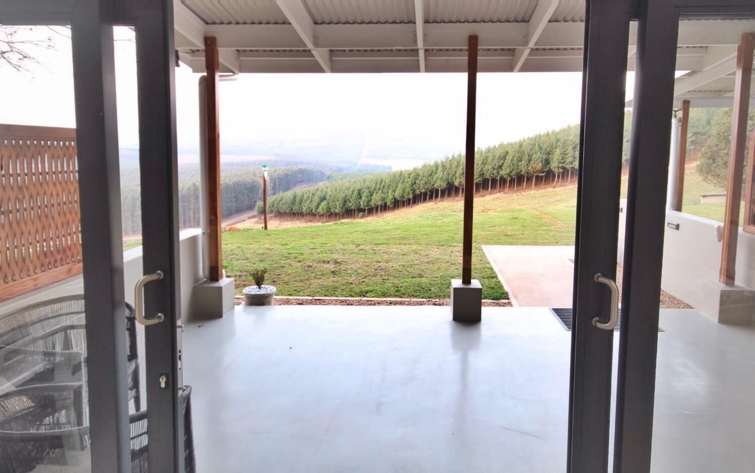 A view from a covered outdoor area with a concrete floor, a wooden fence, and a row of trees in the background.