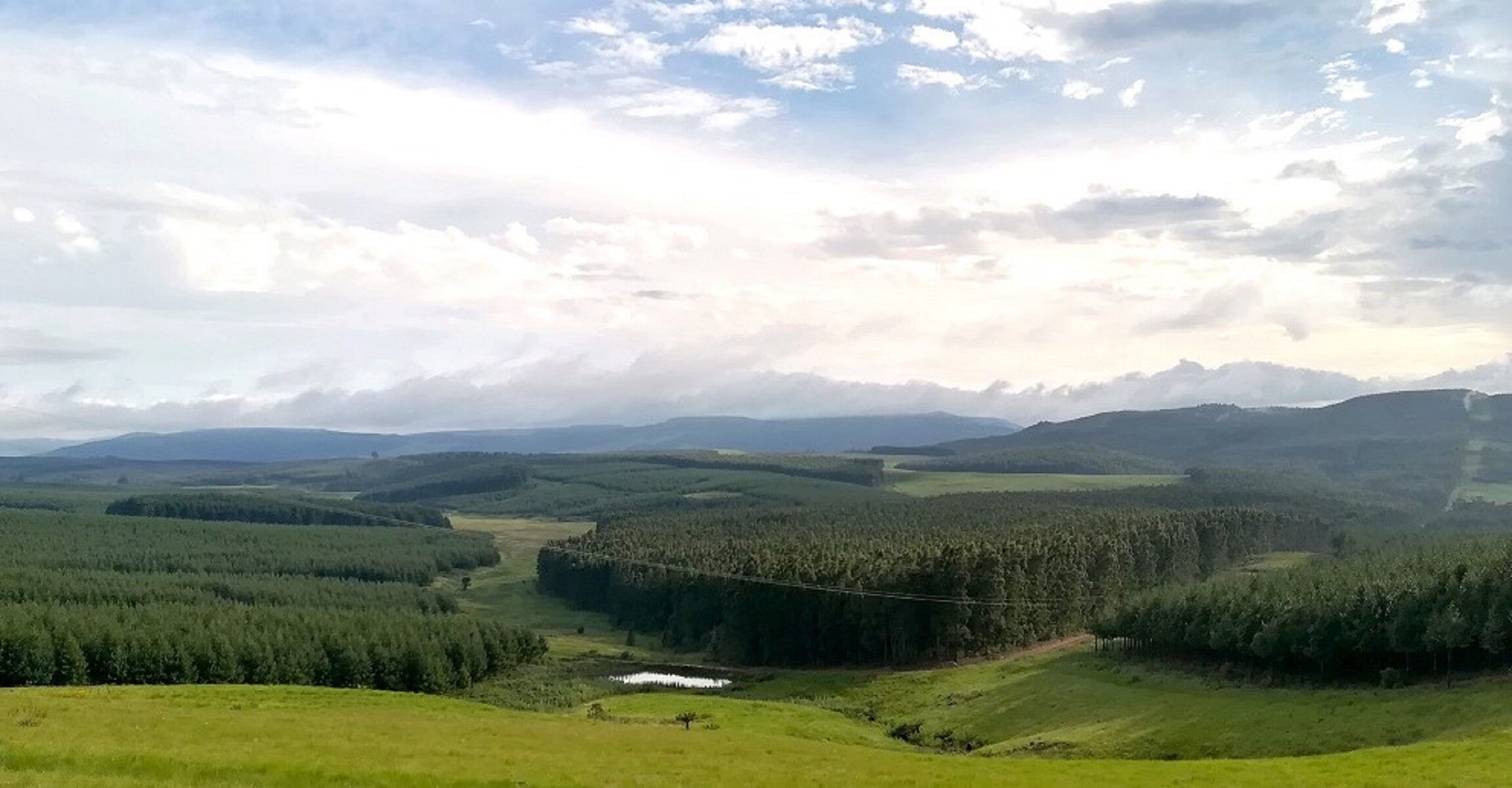 A panoramic view of a lush green landscape with rolling hills, dense forests, and a small body of water.