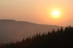 Atardecer sobre un paisaje boscoso con una montaña al fondo.