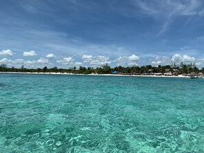 A clear turquoise sea with a sandy beach and palm trees in the background. - Arena Blanca (Playa del Carmen)
