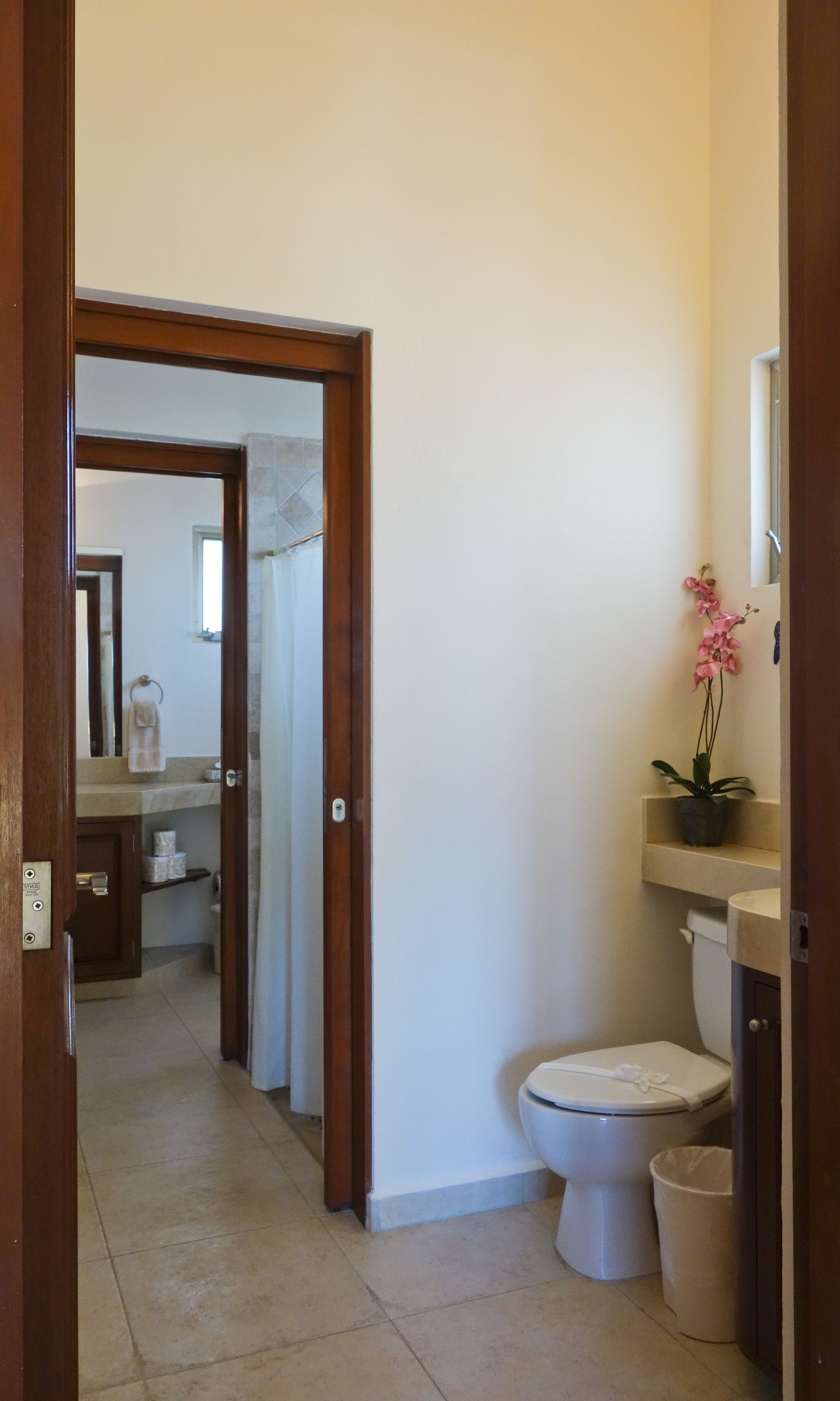 A bathroom with a toilet, a trash bin, a sink with a mirror, and a potted orchid.