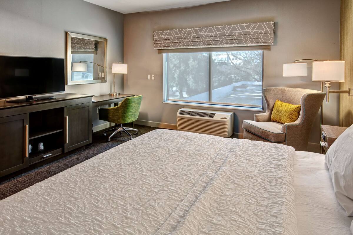 A hotel room with a large bed, a desk with a flat-screen TV, a chair, a window with a view of trees, and a wall-mounted lamp.