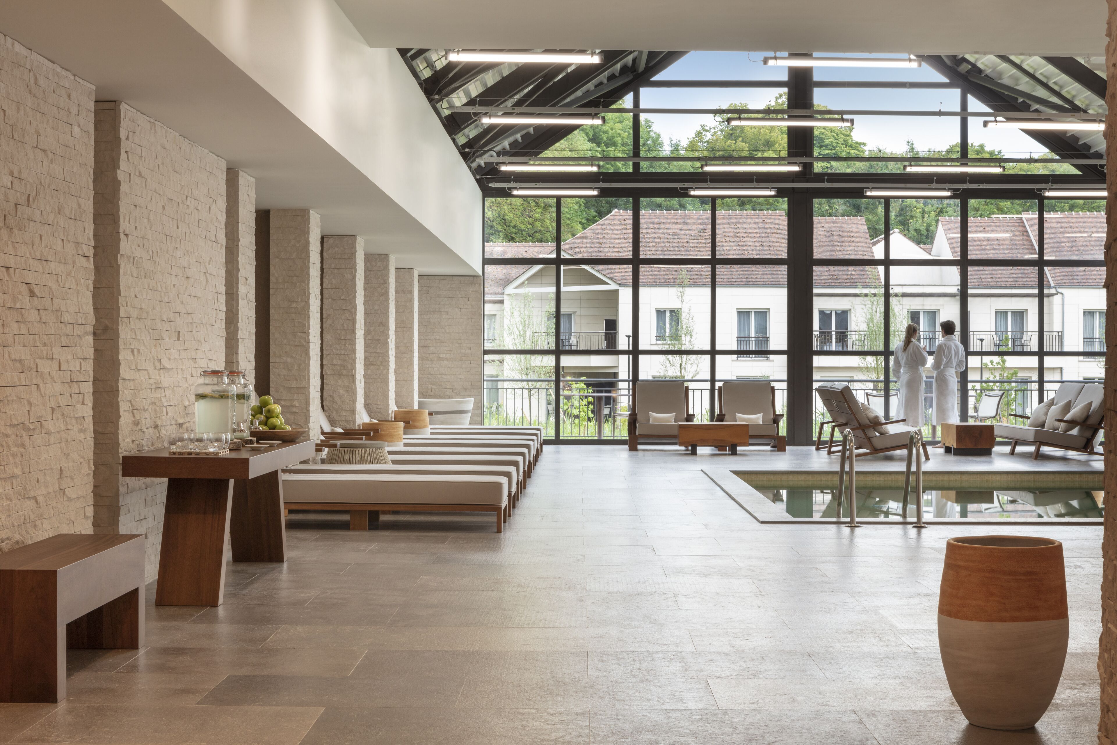 indoor pool, pool loungers