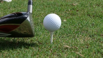 En golfklubba placerad bredvid en golfboll på en gräsyta.