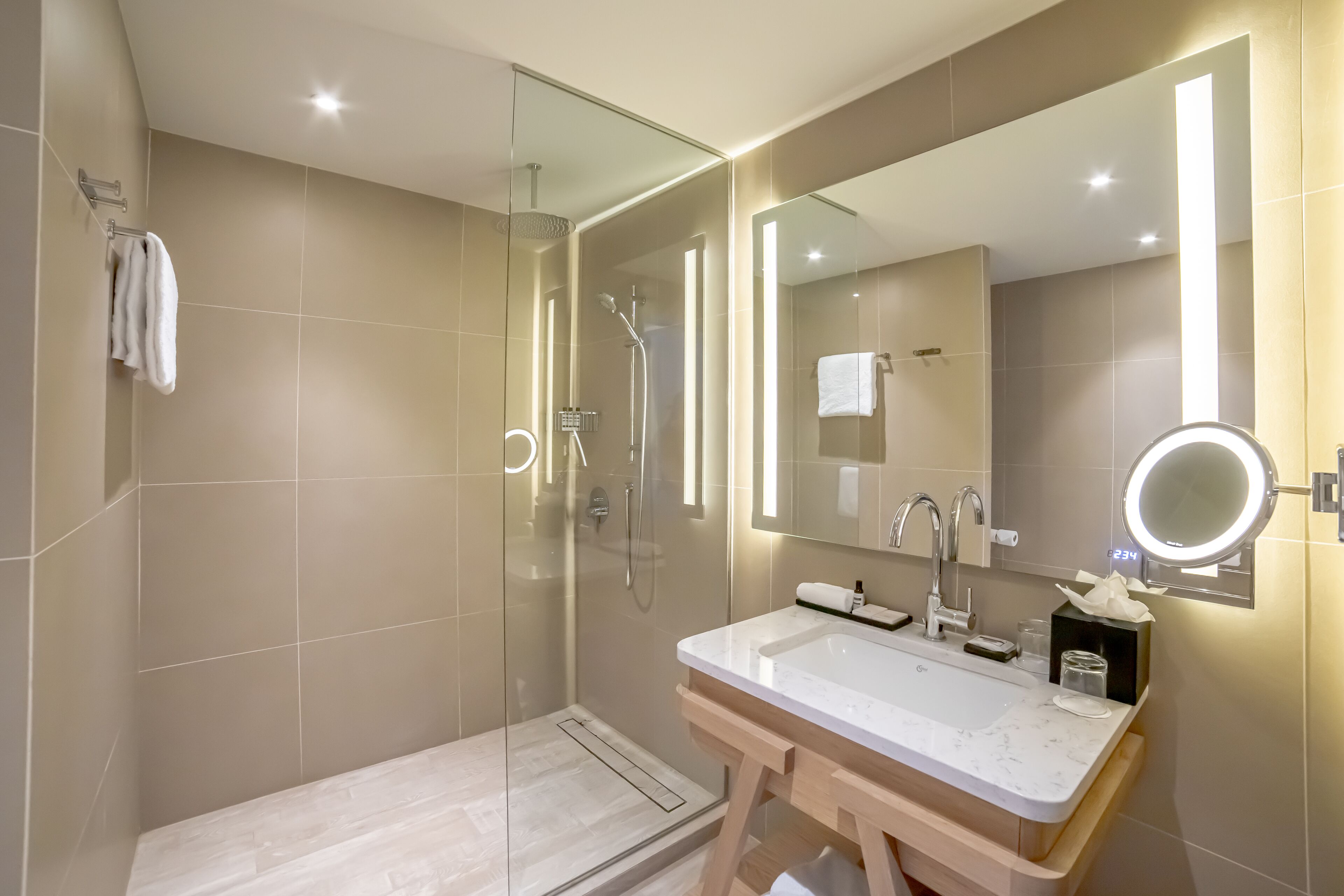 A modern bathroom with a glass-enclosed shower, a vanity with a large mirror, and a separate sink.