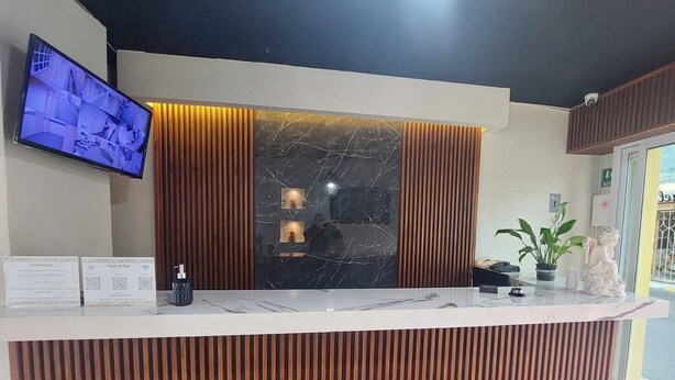 A reception desk with a TV, certificates, and a plant. - Posada del Ángel (Mineral de la Reforma)
