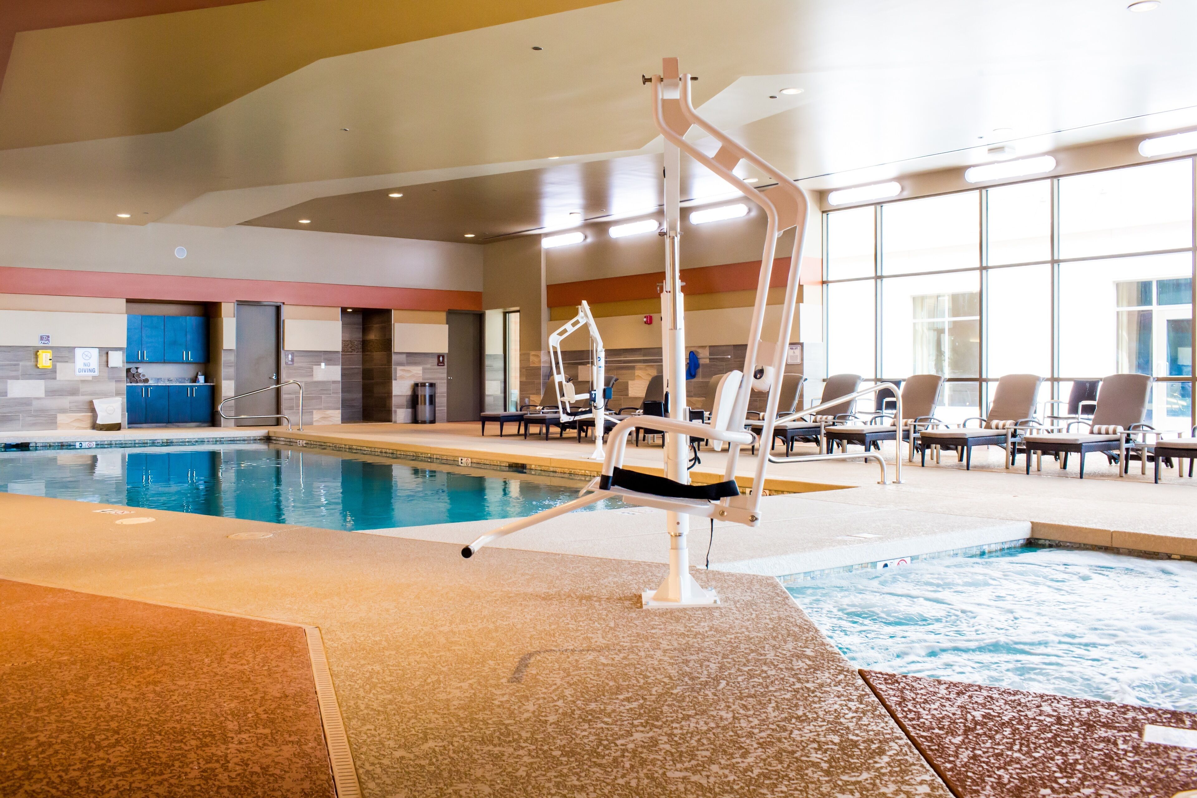 indoor pool, pool loungers