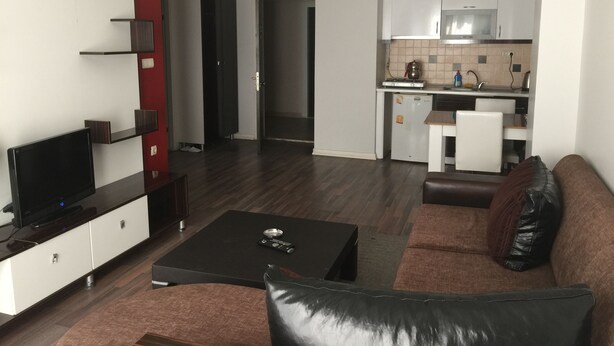 A modern living room with a flat-screen TV, a brown leather sofa, and a coffee table. There is a kitchen area with white cabinets and a microwave. - Tuyap Apartments (Istanbul)