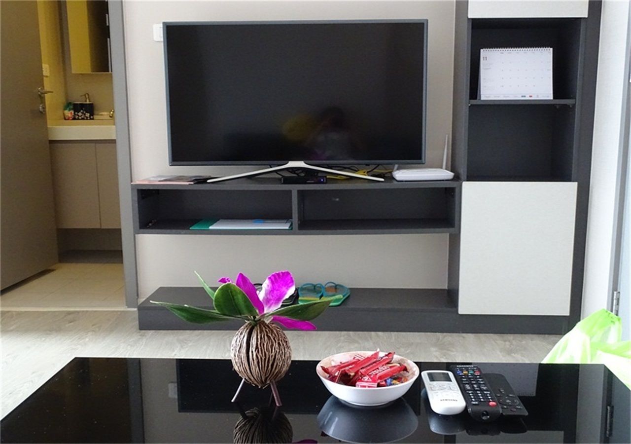 Een woonkamer met een flatscreen televisie, een salontafel met een vaas en een schaal, en een afstandsbediening.