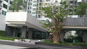 A modern building with a large tree in the courtyard, a water feature, and a well-maintained lawn. - The base pattaya condo (Pattaya)