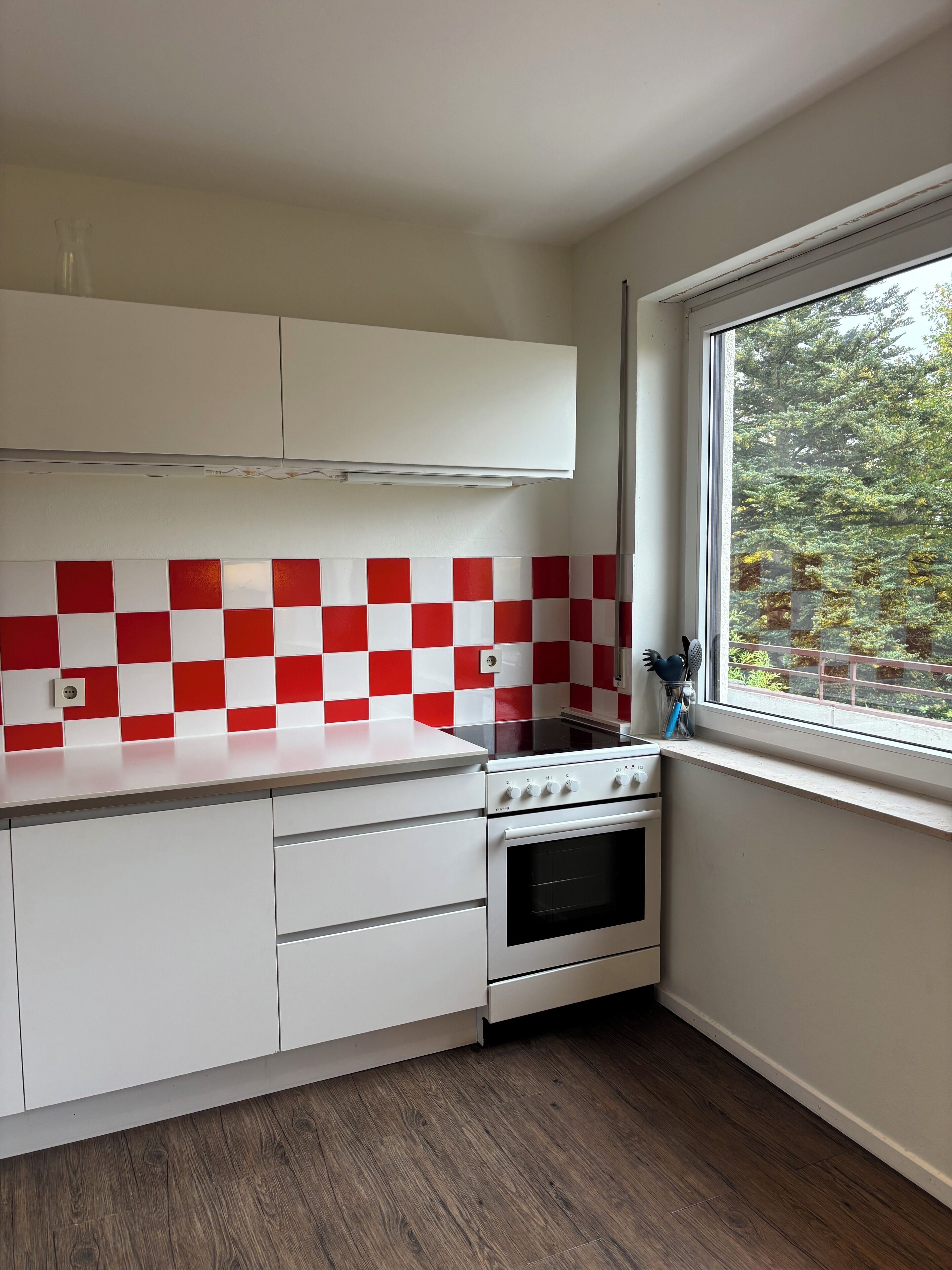 A kitchen with white cabinets, a red and white checkered backsplash, a window with a view of trees, and a stove.
