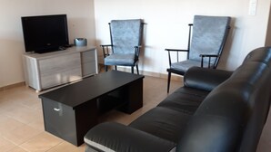 Una sala de estar con un sofá negro, dos sillones grises estampados, una mesa de centro negra, un televisor sobre un mueble de madera y un altavoz gris.