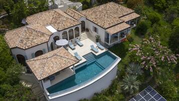 A large, modern house with a swimming pool, multiple rooms, and a garden.