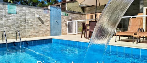 Outdoor pool, open 10 AM to 9 PM, pool umbrellas, sun loungers