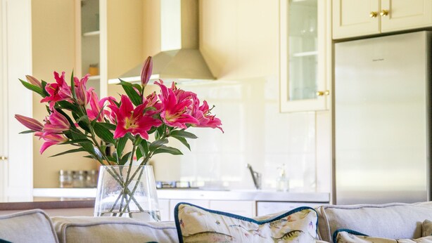 A living room with a sofa, pillows, and a vase of flowers. - Coldstream Estate - The Whare (Coldstream)