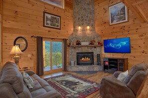 Mökki | Oleskelualue | Televisio, takka