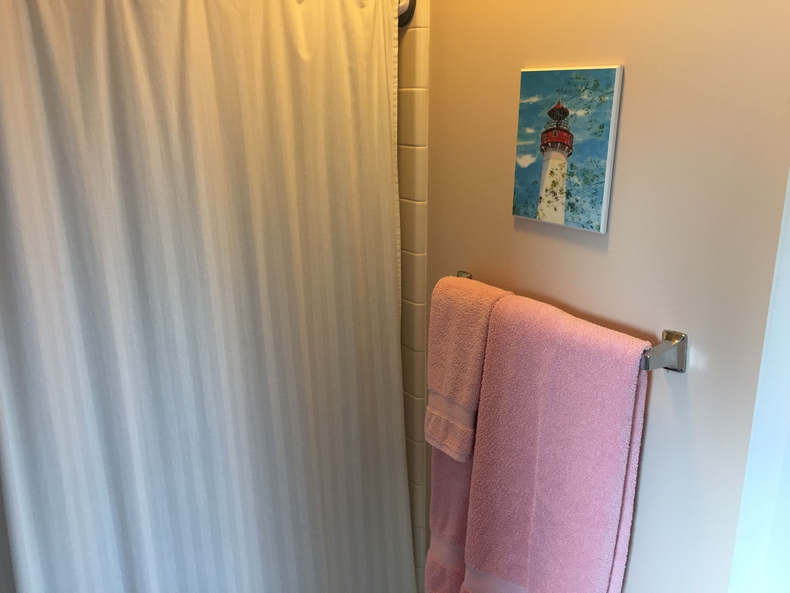 Shower, free toiletries, hair dryer, towels