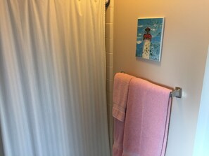 Shower, free toiletries, hair dryer, towels
