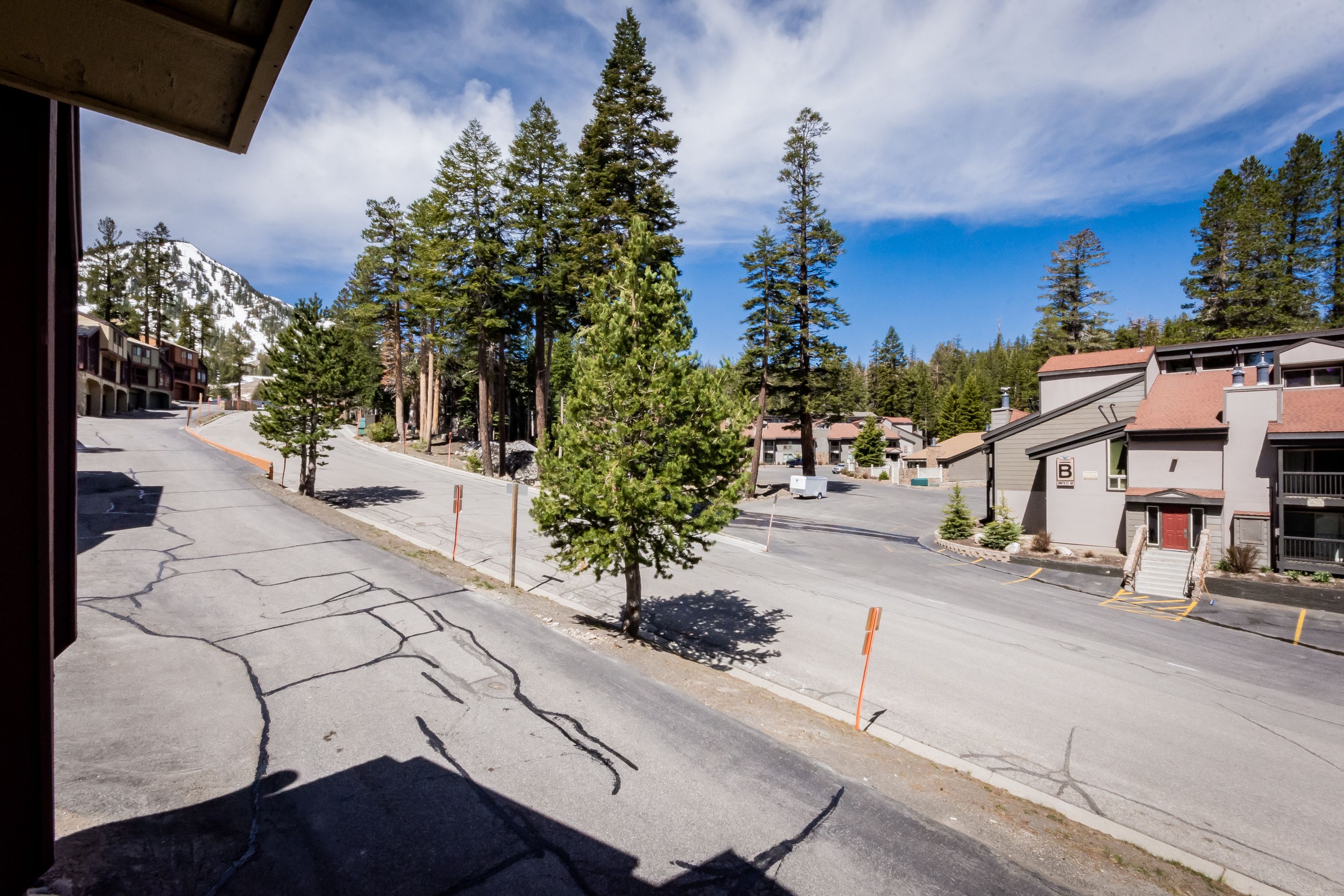 Une vue de rue avec une montagne en arrière-plan, des arbres bordant la route et des bâtiments au style architectural moderne.