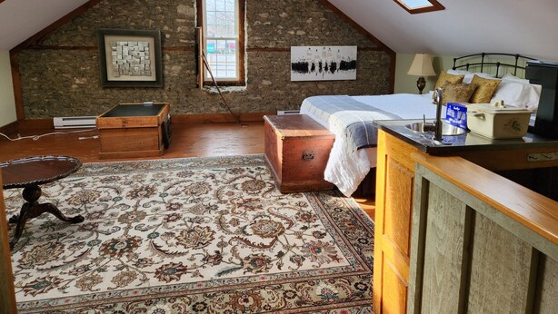 Une chambre mansardée chaleureuse avec un plafond en pente, des fenêtres de toit, un lit en bois, un bureau et un grand tapis à motifs.