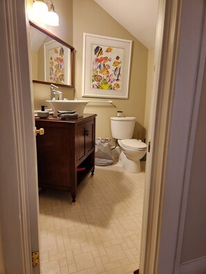 Combined shower/tub, hair dryer, towels, soap