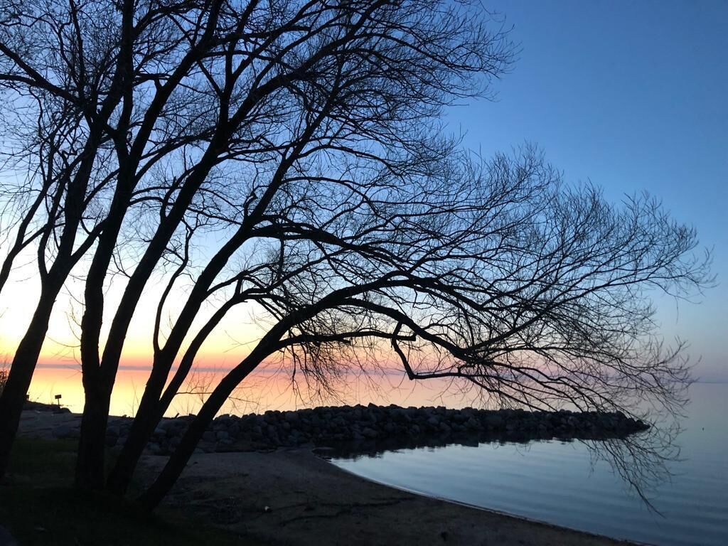 Vista di un lago al tramonto, con una banchina alberata.