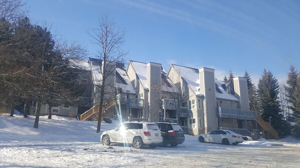 A multi-story building with a snow-covered ground, parked cars, and leafless trees.