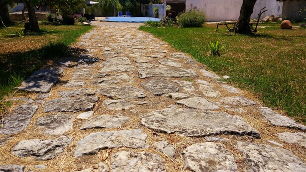A stone pathway leading to a building with a blue roof. - Louro's Villa in Vila Nova (Coimbra)