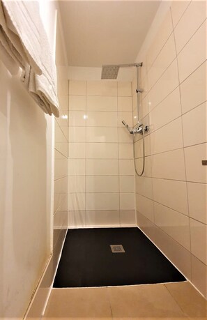 Shower, hair dryer, towels, toilet paper