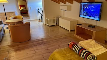 Smart TV, chimenea, reproductor de DVD y libros
