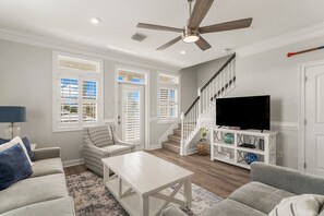 TV connectée, cheminée, lecteur de DVD, livres