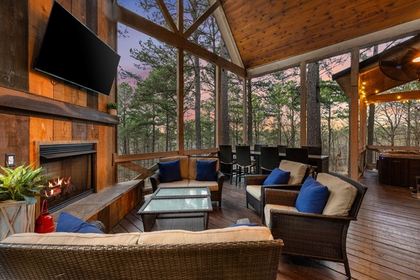 Smart TV, fireplace, video games, DVD player