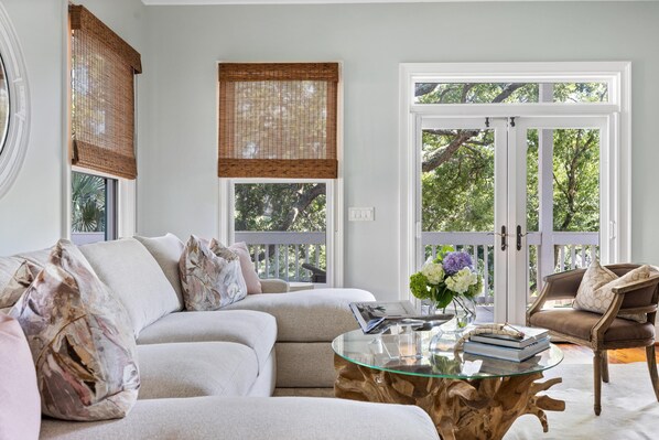 TV, fireplace, books