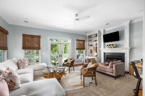 TV, fireplace, books