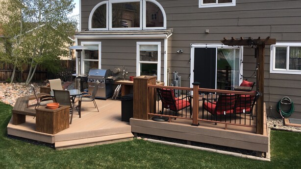 A backyard with a grill, outdoor furniture, and a pergola. - - Pikes Peak/Garden of the Gods!  Booking FAST! (Colorado Springs)
