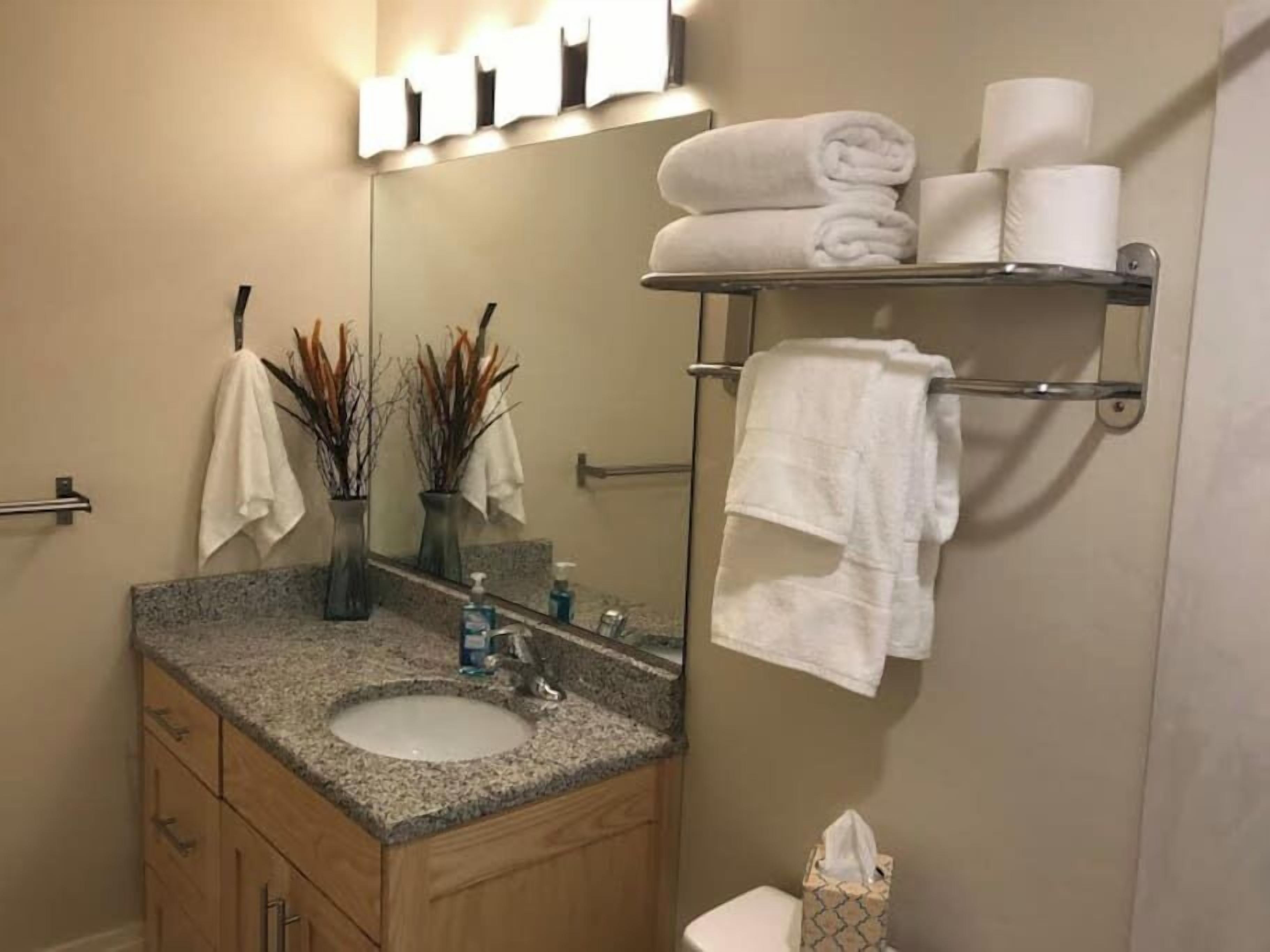 Kombination af bruser/badekar, hårtørrer, håndklæder