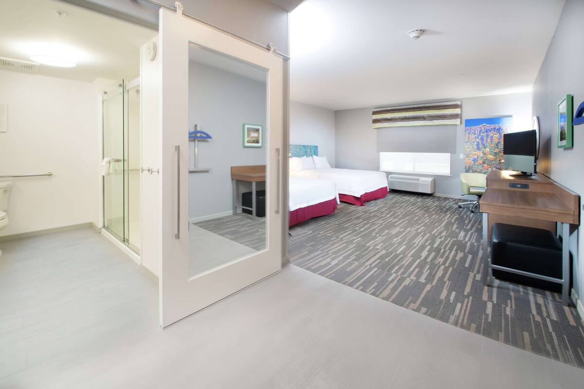 room, 2 queen beds, accessible (3x3 shower, mobility & hearing) | desk, blackout curtains, iron/ironing board, free cots/infant beds