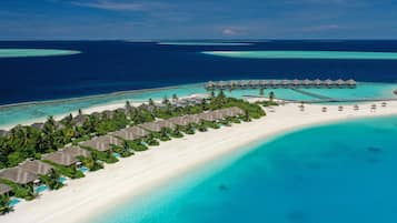 Overwater bungalows offer access to the ocean, surrounded by lush greenery and palm trees.