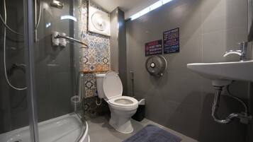 Un baño moderno con ducha envuelta en vidrio, un inodoro blanco y un lavamanos.